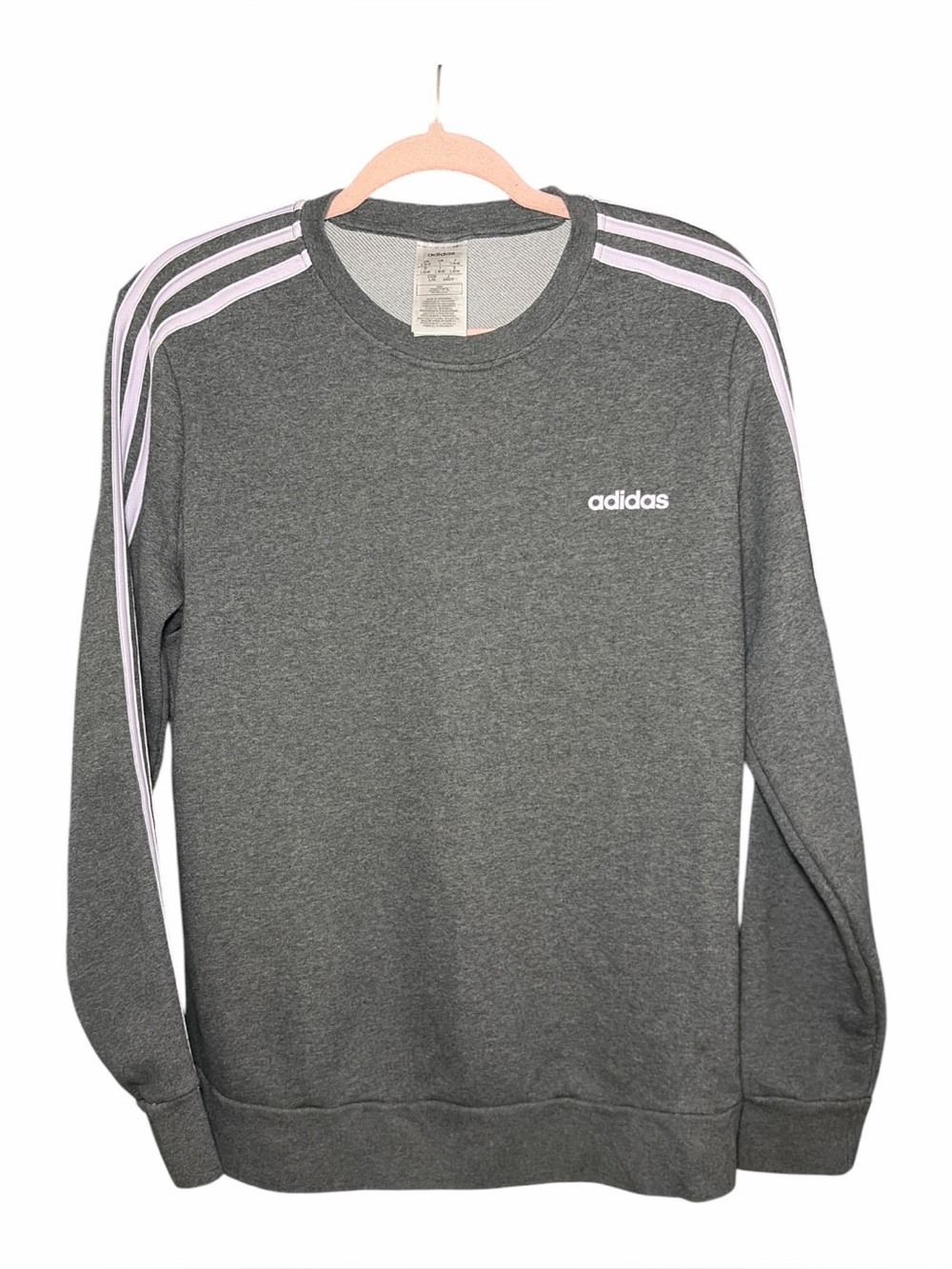 Kids Large Adidas Gray Crewneck Sweatshirt with Lavender Shoulder Stripes